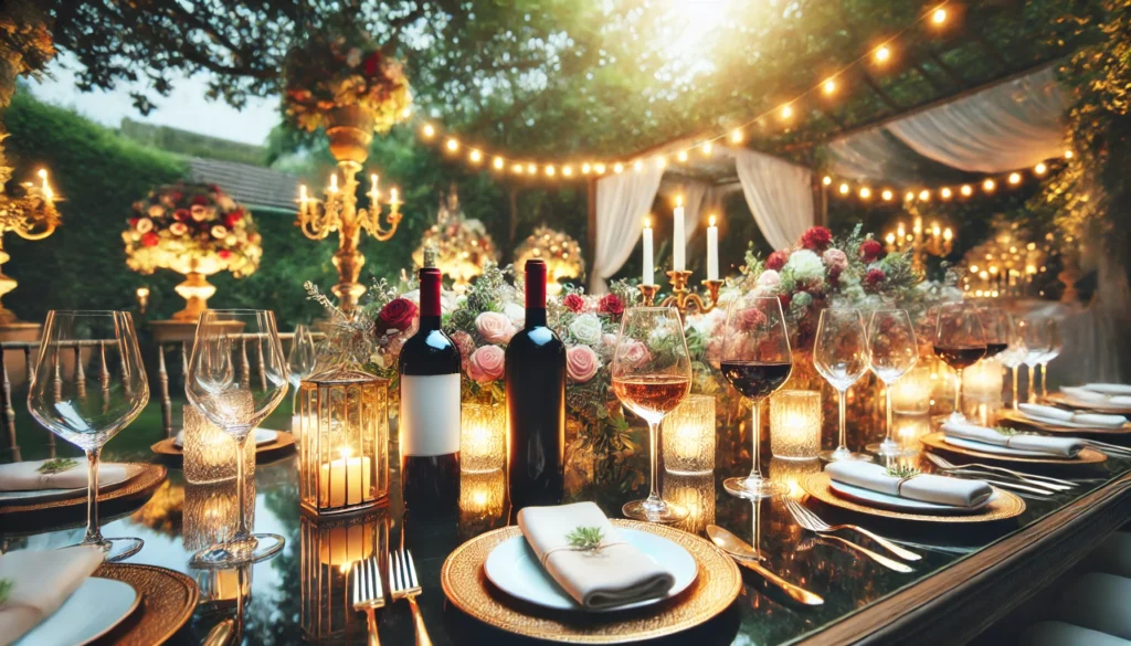 DALL·E A wide angle elegant image of a luxurious wine tasting event featuring premium wine bottles, glasses of red and white wine on a beautifully decorated