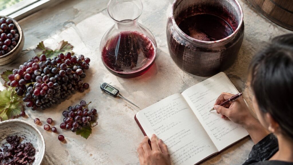 Overhead process scene in a cellar workspace: partially filled tasting notes, grape clusters, a small thermometer, and two open wine vessels arranged on a pale stone table. Natural morning light falls evenly across the setup, suggesting careful winemaking choices. The composition feels analytical, with subtle warm red tones in the fruit and liquid.