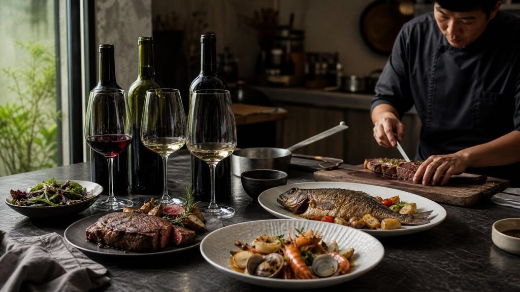 A moody still life of three opened wine bottles, a seared steak, roasted fish, and a plate of seafood arranged on a dark stone table. Soft window light grazes the glasses, catching deep burgundy reflections beside pale white highlights, with a refined, editorial mood that suggests flavor contrast and balance.