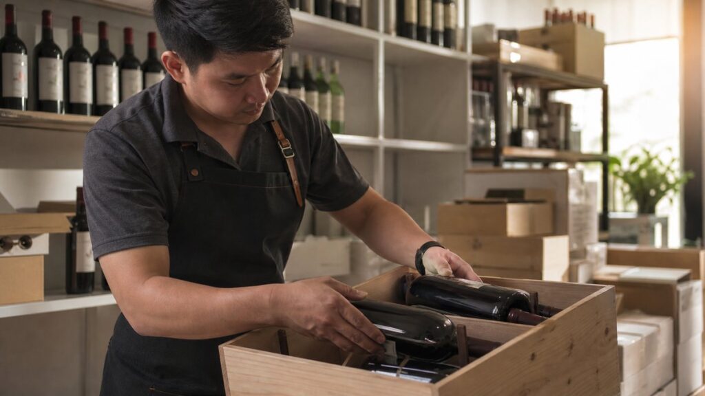 A wide, tidy retail backroom with several wine cases arranged on shelving and a single crate opened in the foreground, revealing neatly stored bottles. Warm side light creates a composed, trustworthy atmosphere, while muted burgundy tones and clean white walls frame a practical environment focused on value, sourcing, and business decisions.