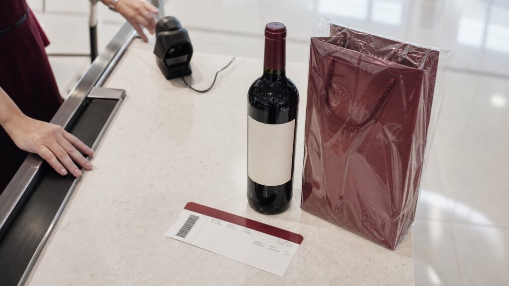 A single duty-free wine bottle stands beside a boarding pass and a sealed shopping bag on a clean airport counter, lit by soft terminal daylight. The composition is object-led and orderly, with subtle burgundy reflections against pale white surfaces, creating a calm, premium mood around travel-origin pricing and accessibility.