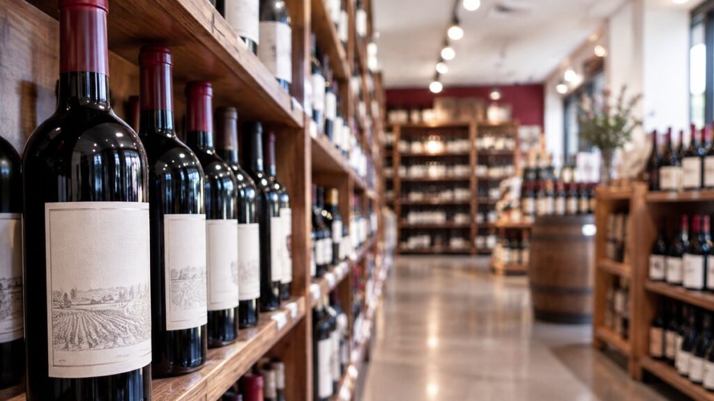 A wide interior of a boutique wine aisle with neatly lined bottles on wooden shelves, one bottle in the foreground softly in focus and the rest receding into depth. Diffused store lighting creates a professional, balanced atmosphere. The scene feels practical and decision-oriented, with deep burgundy accents against clean white highlights.