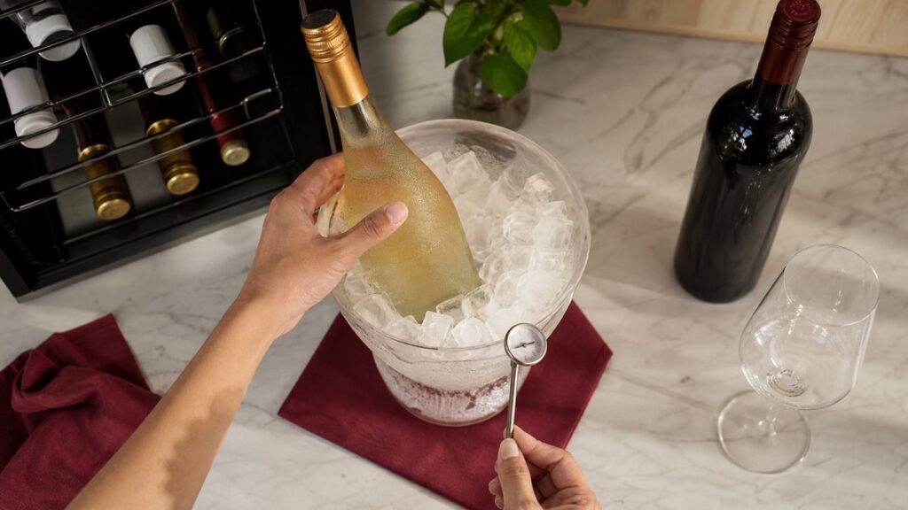 An overhead process scene showing a wine cooler, a thermometer, a chilled white bottle resting in an ice bucket, and a red bottle standing nearby on a clean kitchen counter. Morning-like natural light spills across the surface, with subtle #7B2A3B tones in the cloth and a crisp, organized atmosphere.