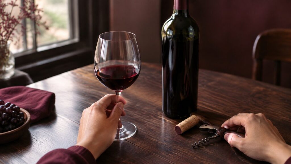 A single wine bottle rests beside a tasting glass and a corkscrew on a dark wooden counter, photographed as an object-led still life. Soft window light skims the glass rim and bottle shoulder, while muted burgundy shadows echo the brand tone. The mood feels calm, informative, and refined.